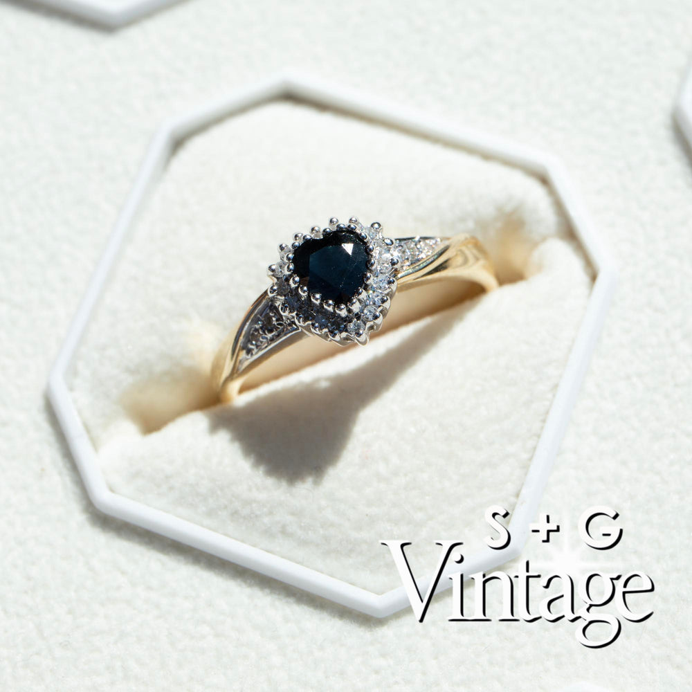 Vintage 9ct Solid Gold Sapphire Heart & Diamond Ring
