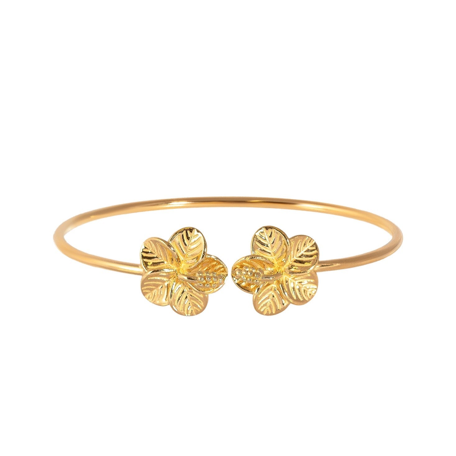Gold bracelet with floral designs on a white background - 18ct Gold Plated Hibiscus Flower Cuff Torque Bangle - seolgold