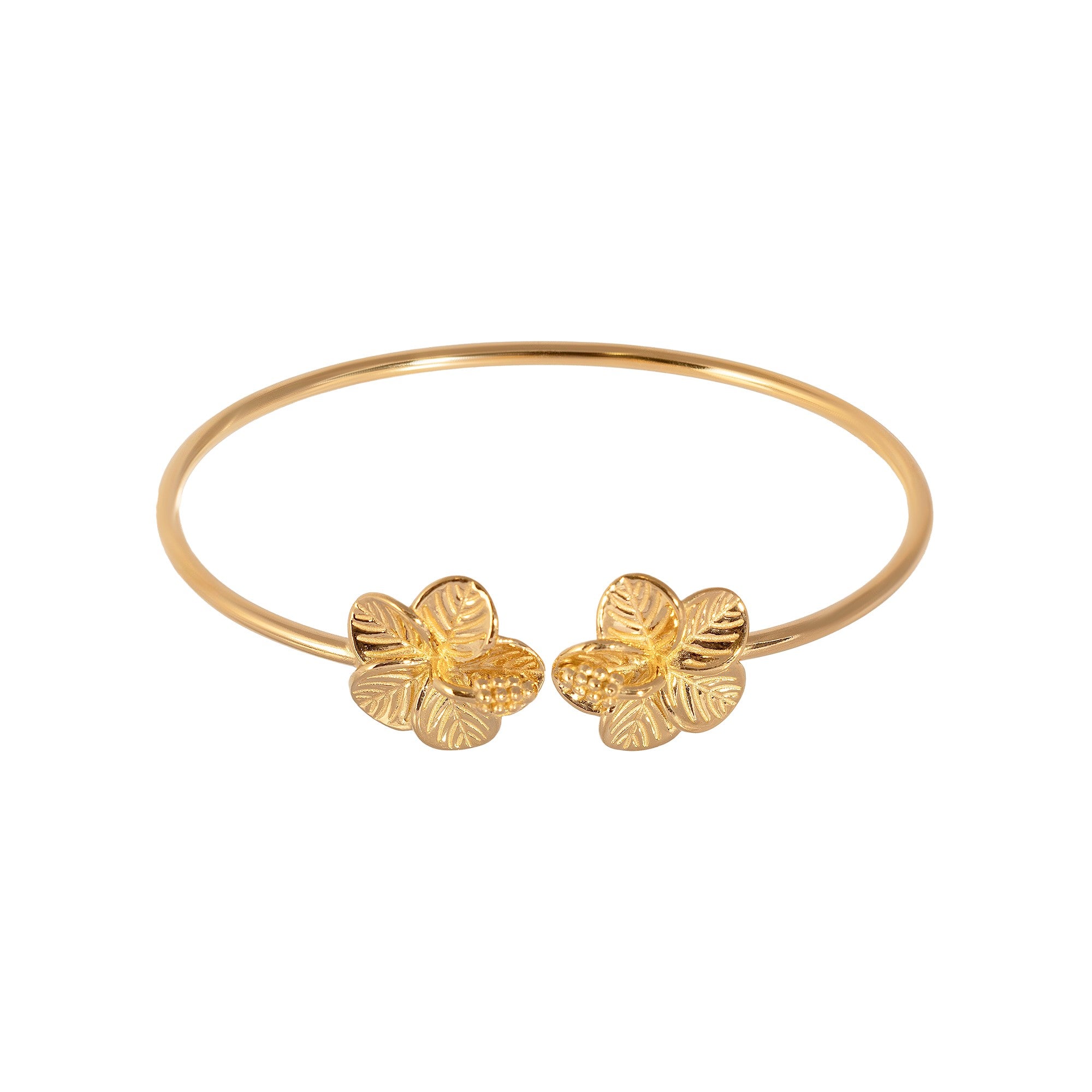 Gold bracelet with floral ends on a white background - 18ct Gold Plated Hibiscus Flower Cuff Torque Bangle - seolgold