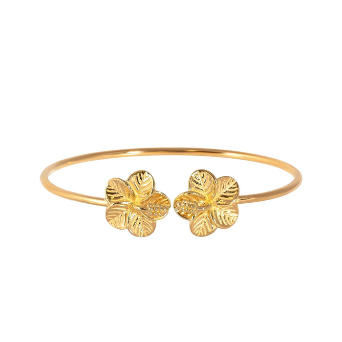 Gold bracelet with floral designs on a white background - 18ct Gold Plated Hibiscus Flower Cuff Torque Bangle - seolgold
