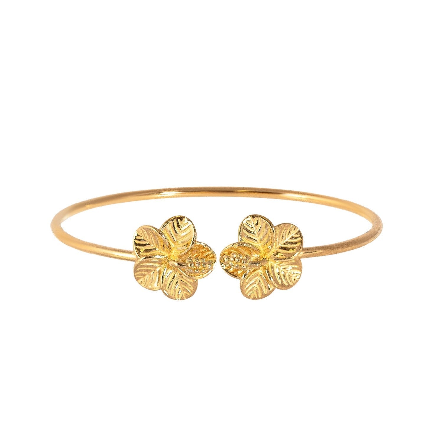 Gold bracelet with floral designs on a white background - 18ct Gold Plated Hibiscus Flower Cuff Torque Bangle - seolgold