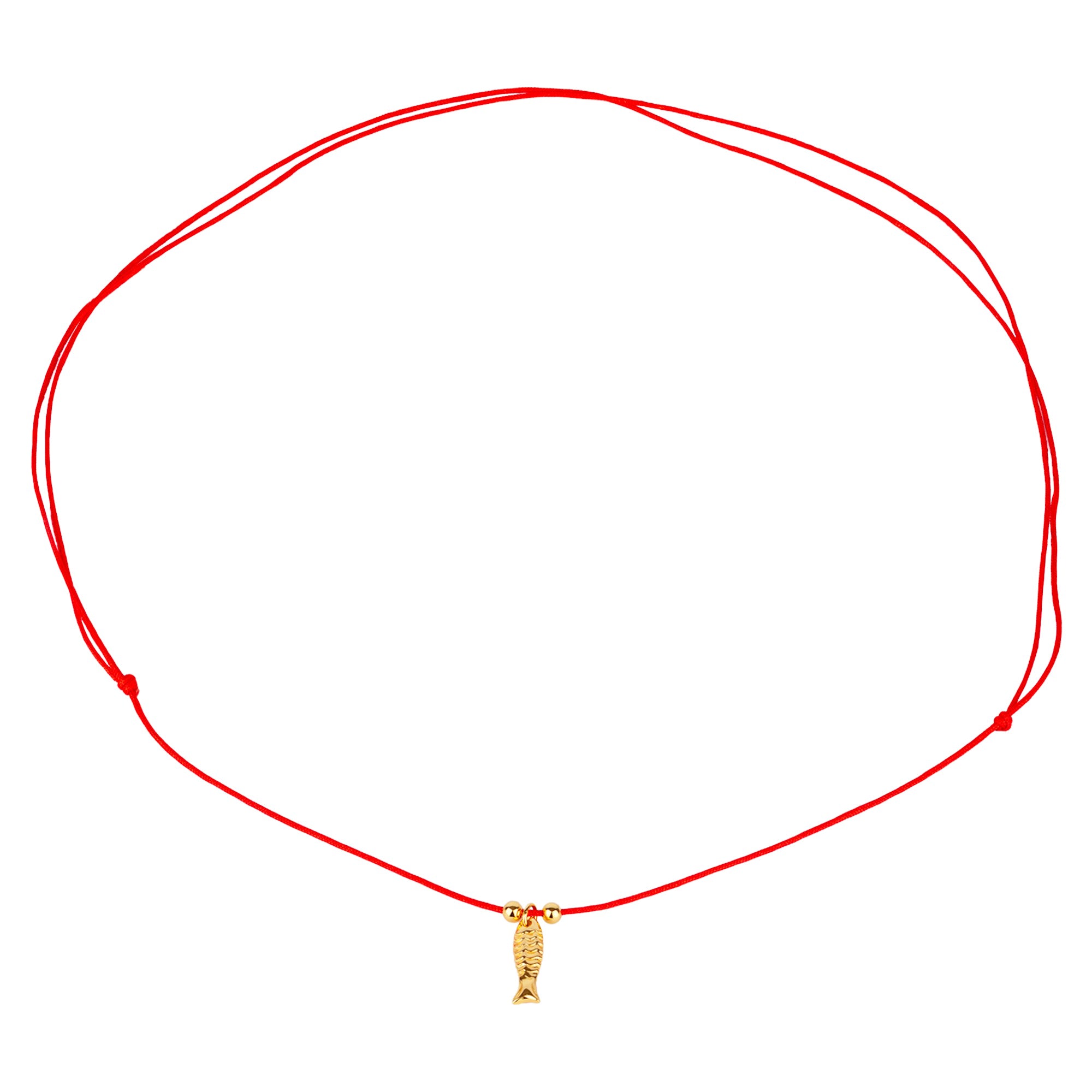 Red cord necklace with a gold fish pendant on a white background - 18ct Gold Plated Red Cord Fish Necklace