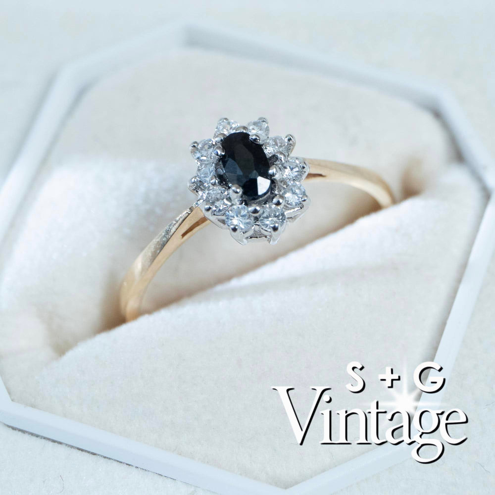 Vintage 9ct Solid Gold Sapphire Halo Ring