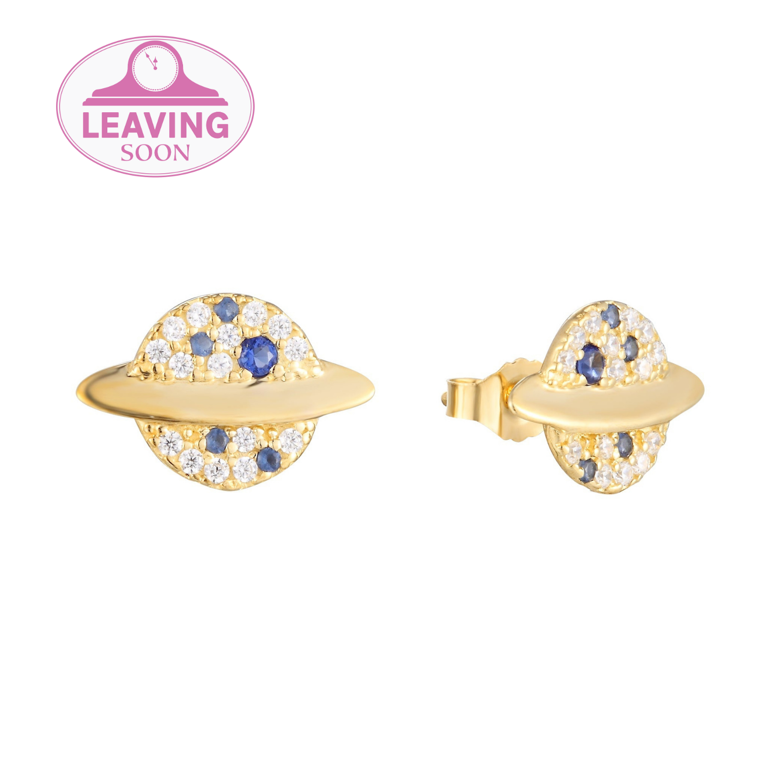A pair of 9ct solid gold stud earrings featuring cubic zirconia and sapphire stones in a planet design with a butterfly fitting - seolgold
