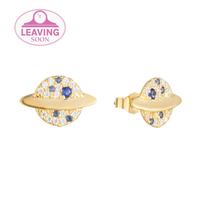 A pair of 9ct solid gold stud earrings featuring cubic zirconia and sapphire stones in a planet design with a butterfly fitting - seolgold