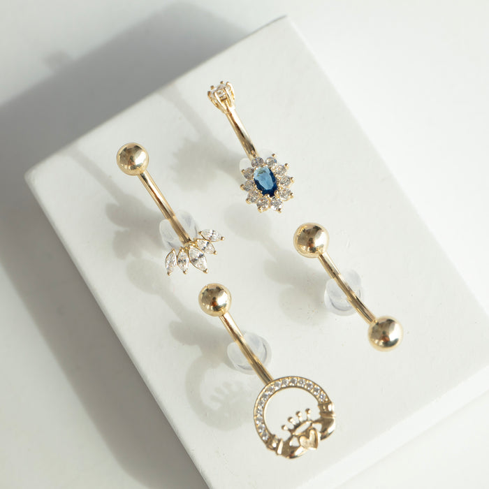 9ct Solid Gold CZ Lotus Belly Bar - 9ct gold sapphire belly bar - seolgold