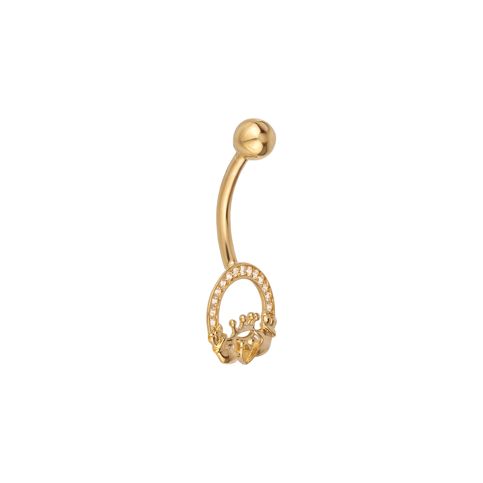Gold belly button ring with floral design on a white background - seolgold