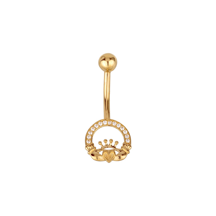 Gold belly button ring with claddagh design on a white background - seolgold
