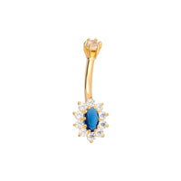 Gold belly button ring with a blue sapphire gemstone and clear stones on a white background - seolgold