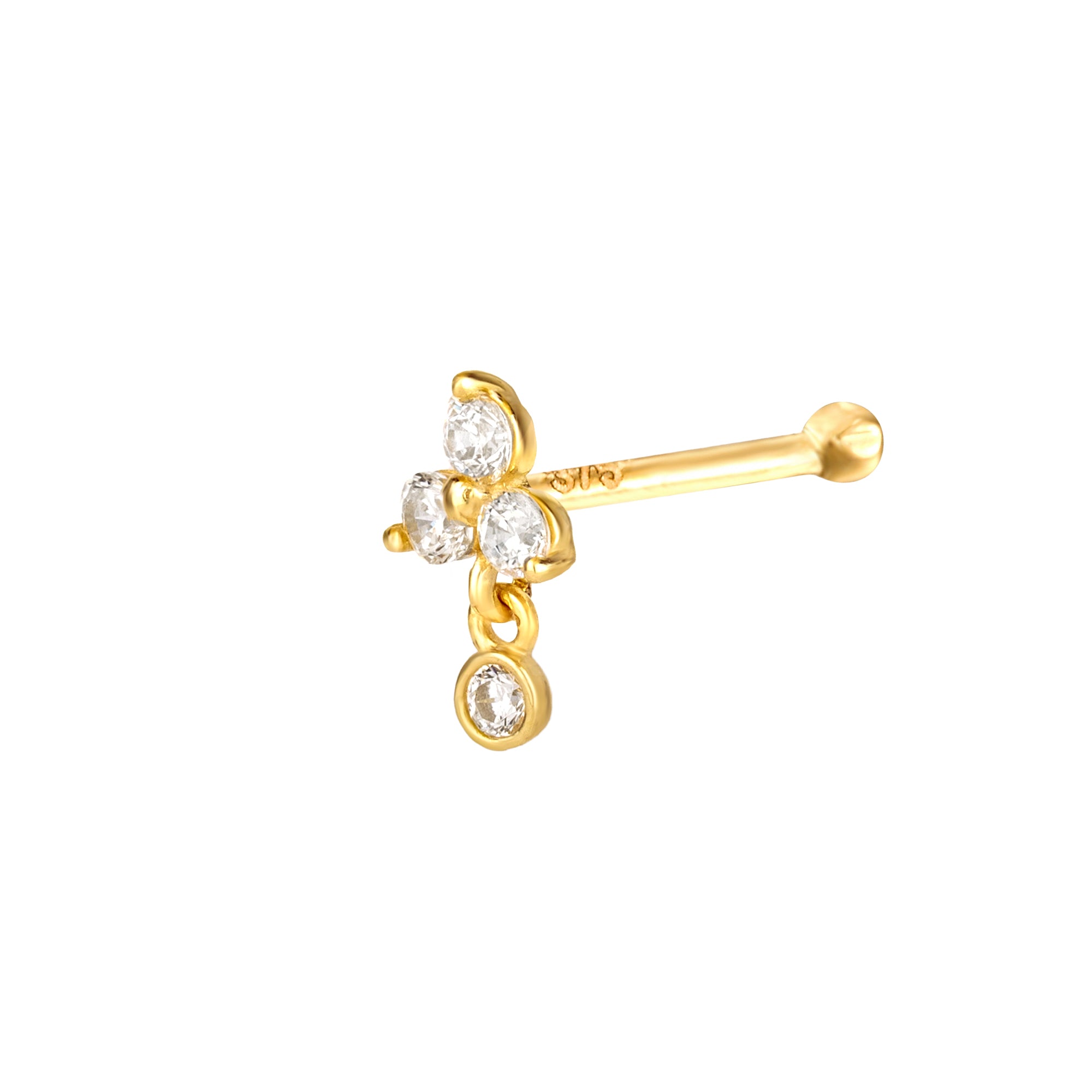 Gold nose stud with three small diamonds on a white background - seolgold