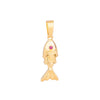 A gold fish pendant charm featuring a small pink gemstone set in the eye area, shown against a plain white background - seolgold