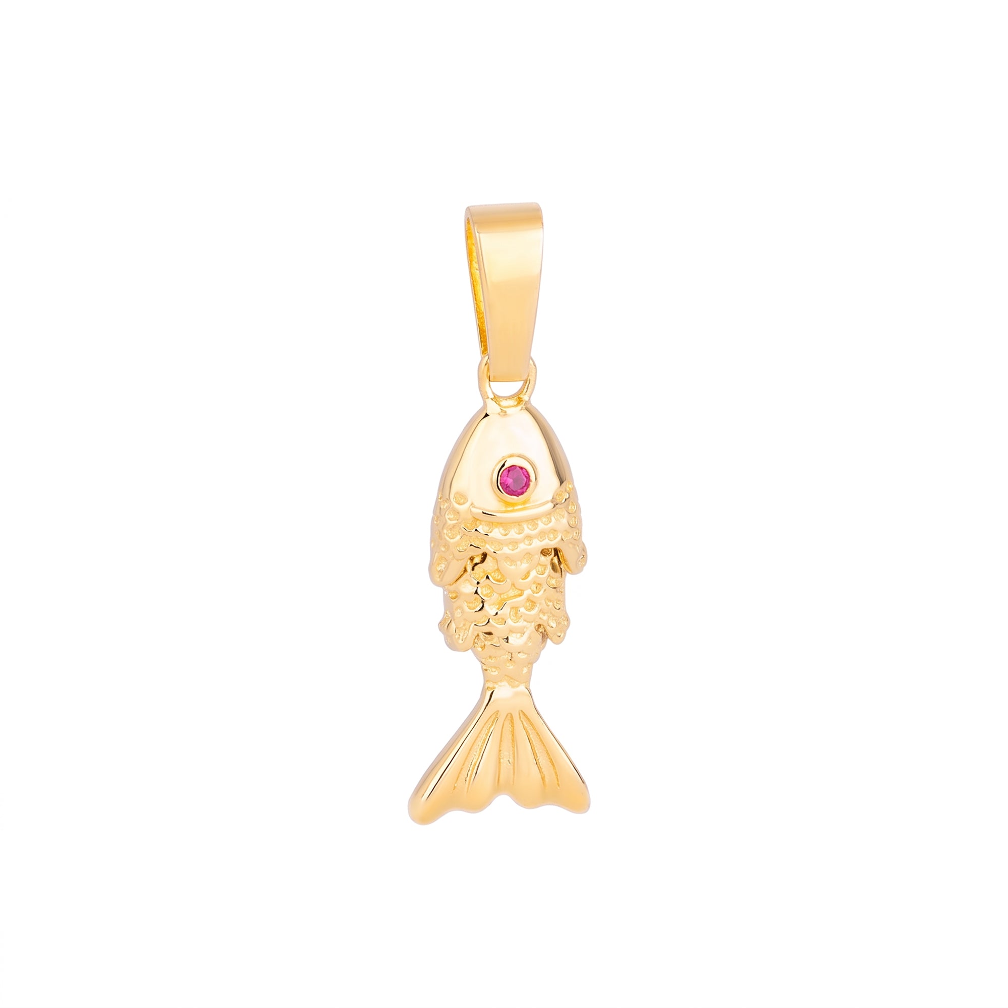 A gold fish pendant charm featuring a small pink gemstone set in the eye area, shown against a plain white background - seolgold