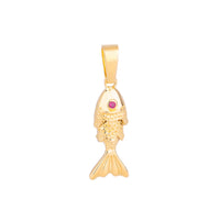 A gold fish pendant charm featuring a small pink gemstone set in the eye area, shown against a plain white background - seolgold