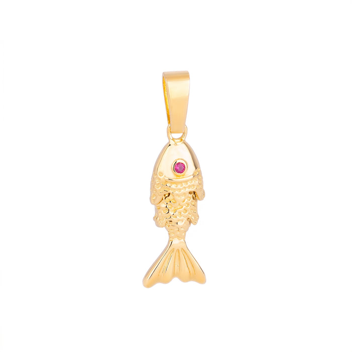 A gold fish pendant charm featuring a small pink gemstone set in the eye area, shown against a plain white background - seolgold