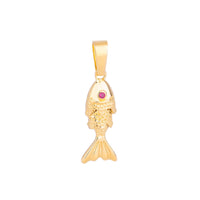 A gold fish pendant charm featuring a small pink gemstone set in the eye area, shown against a plain white background - seolgold