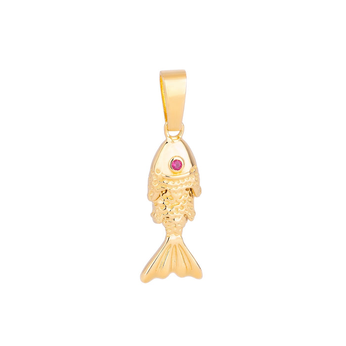 A gold fish pendant charm featuring a small pink gemstone set in the eye area, shown against a plain white background - seolgold
