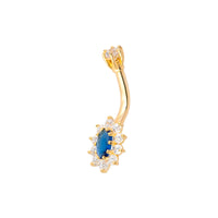 Gold belly button ring with a blue sapphire gemstone and clear stones on a white background - 9ct gold sapphire belly bar - seolgold 