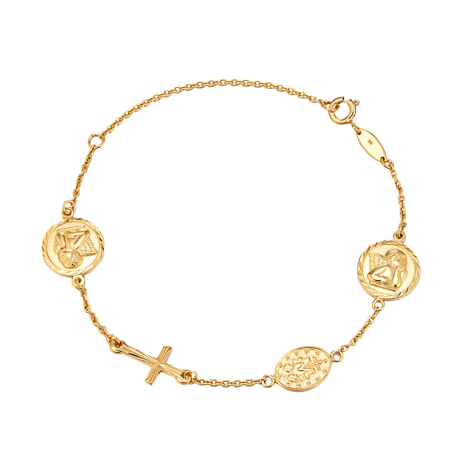 Gold bracelet with circular and cross-shaped charms on a white background - Seol Gold