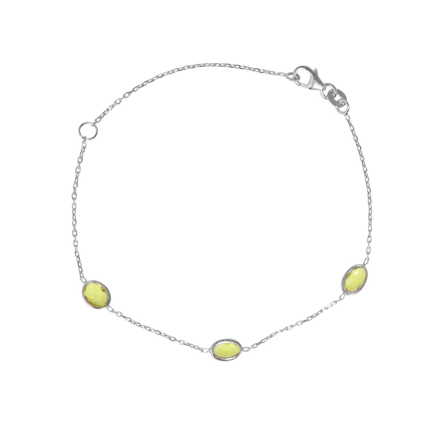Silver bracelet with three green peridot gemstones on a white background - seolgold