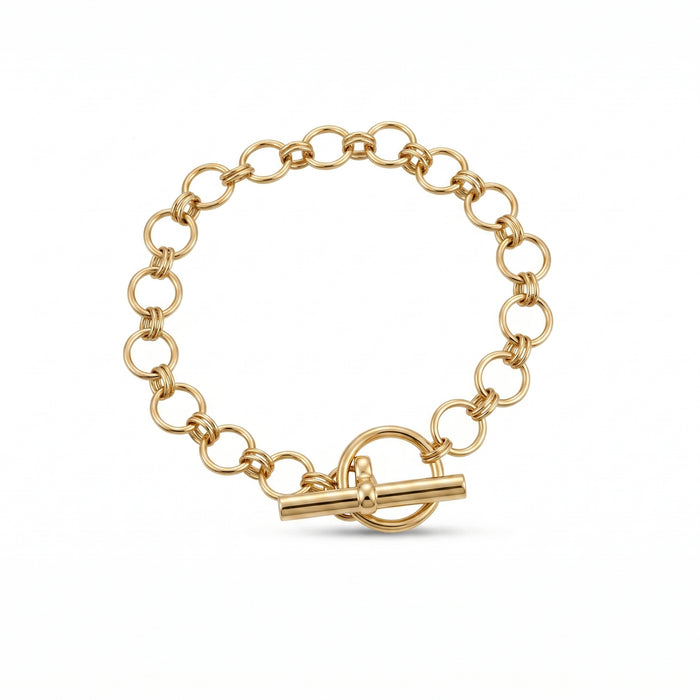 Gold chain bracelet with a toggle clasp on a white background - seolgold