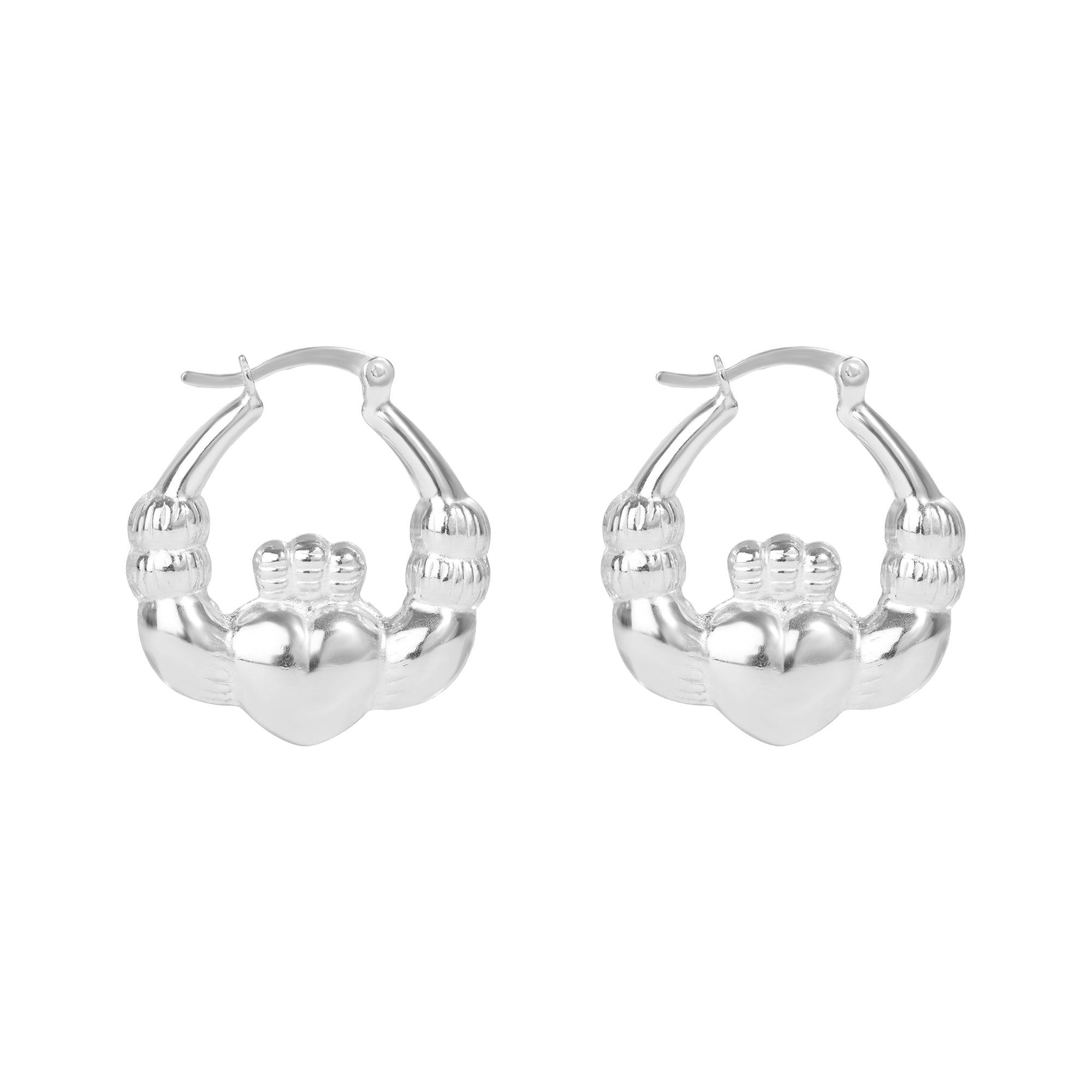 Silver claddagh hoop earrings on a white background - seolgold