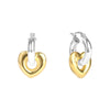 Pair of hoop earrings with gold and silver heart designs on a white background - seolgold
