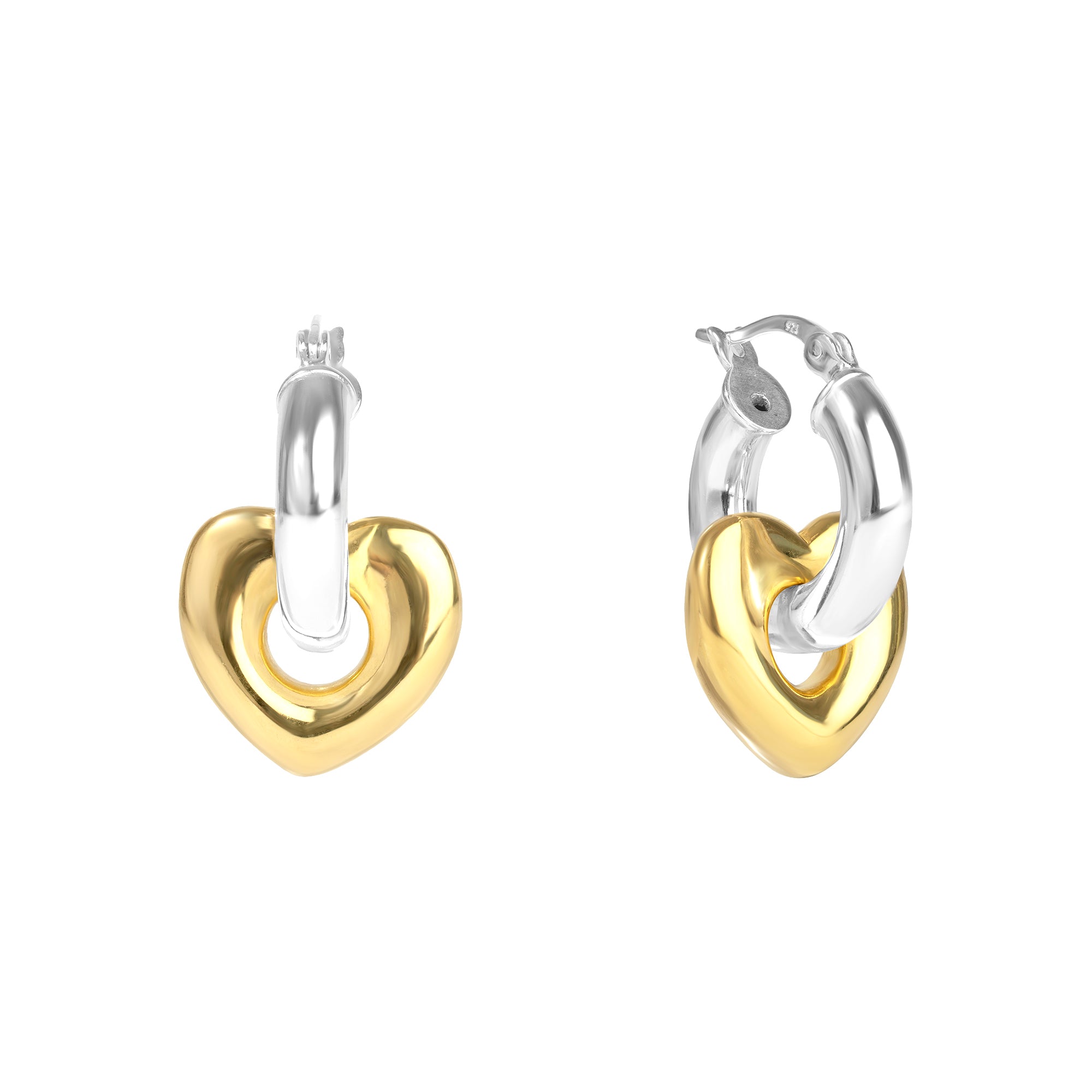 Pair of hoop earrings with gold and silver heart designs on a white background - seolgold