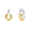 Pair of hoop earrings with gold and silver heart designs on a white background - seolgold