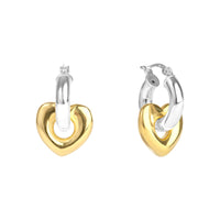 Pair of hoop earrings with gold and silver heart designs on a white background - seolgold