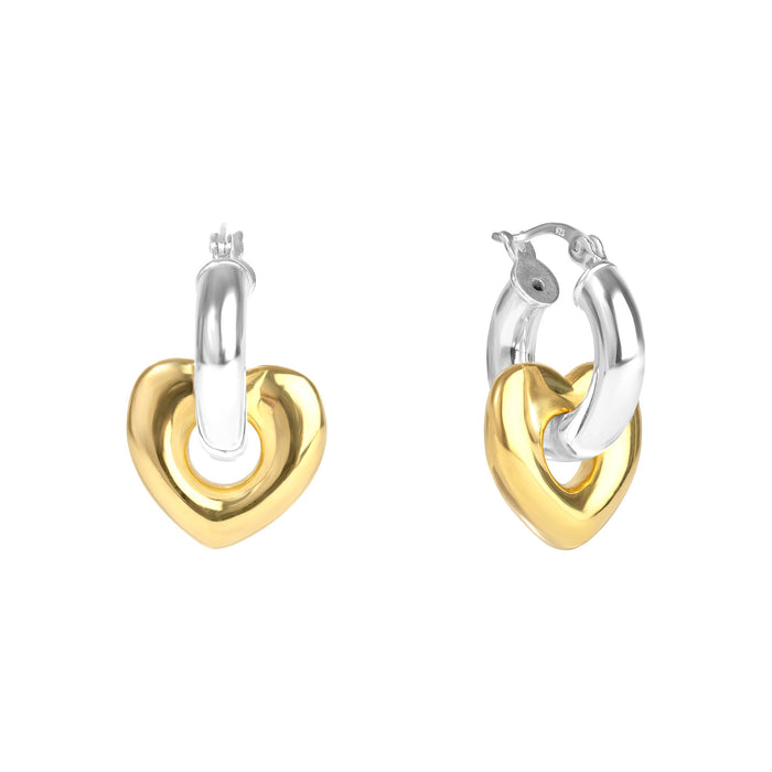 Pair of hoop earrings with gold and silver heart designs on a white background - seolgold
