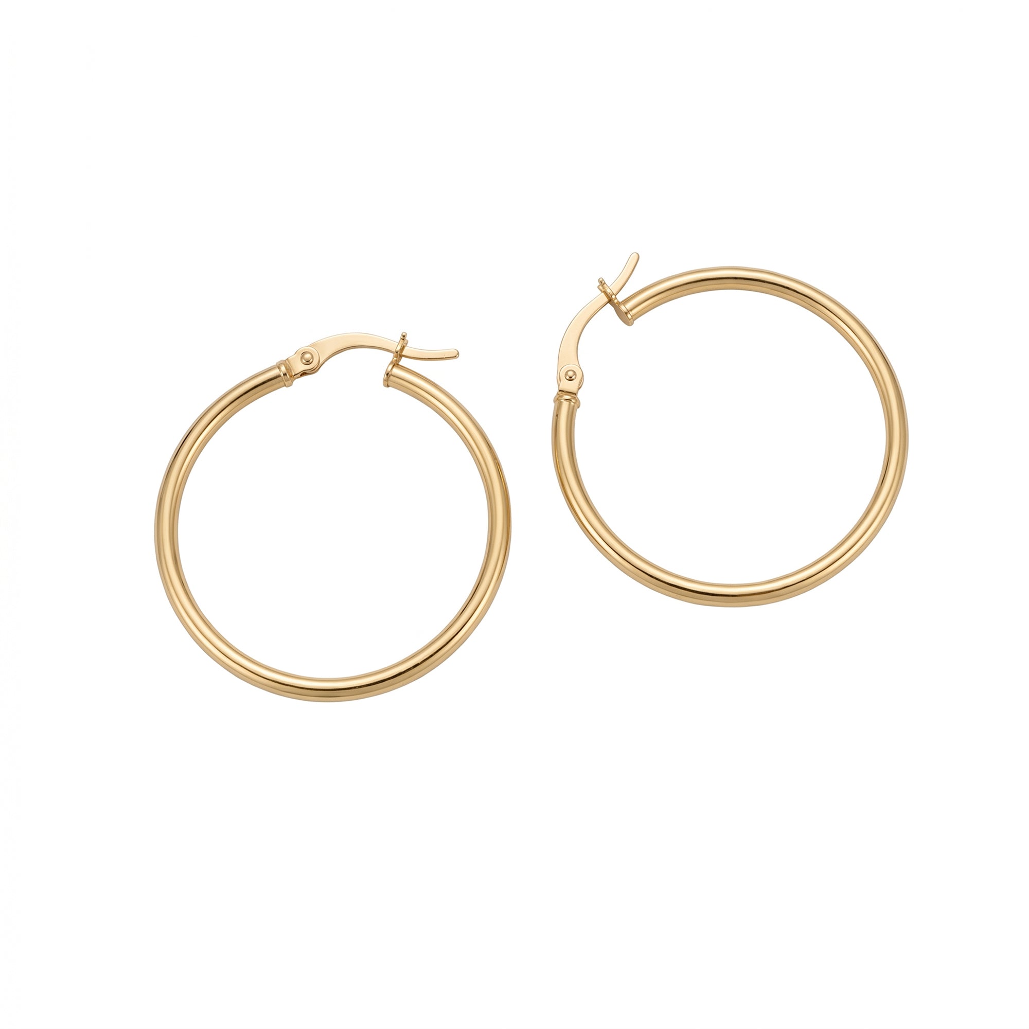 A pair of gold hoop earrings with a polished finish and secure latch back closures, displayed on a clean white background - seolgold