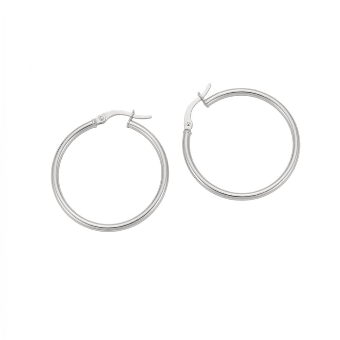 A pair of polished silver hoop earrings with a hinged clasp, displayed on a clean white background - seolgold