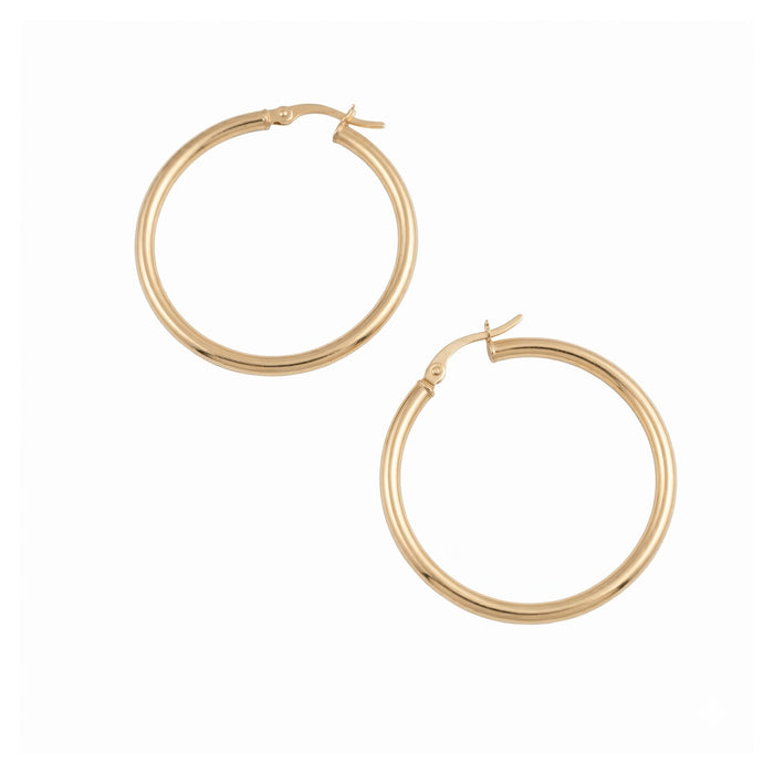 A pair of polished gold hoop earrings with a classic creole clasp, displayed on a clean white background - seolgold