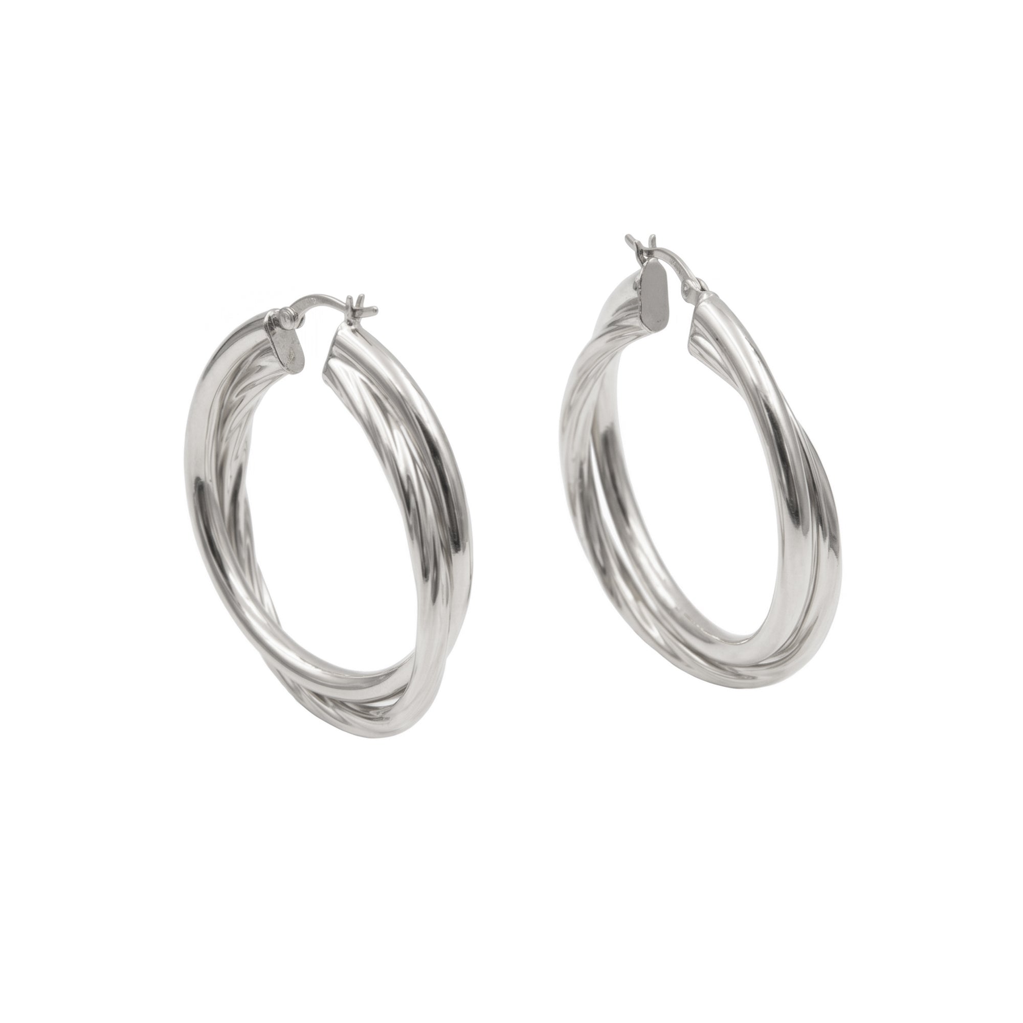 A pair of polished silver hoop earrings with a twisted, rope-like textured design, shown against a plain white background - seolgold