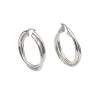 A pair of polished silver hoop earrings with a twisted, rope-like textured design, shown against a plain white background - seolgold