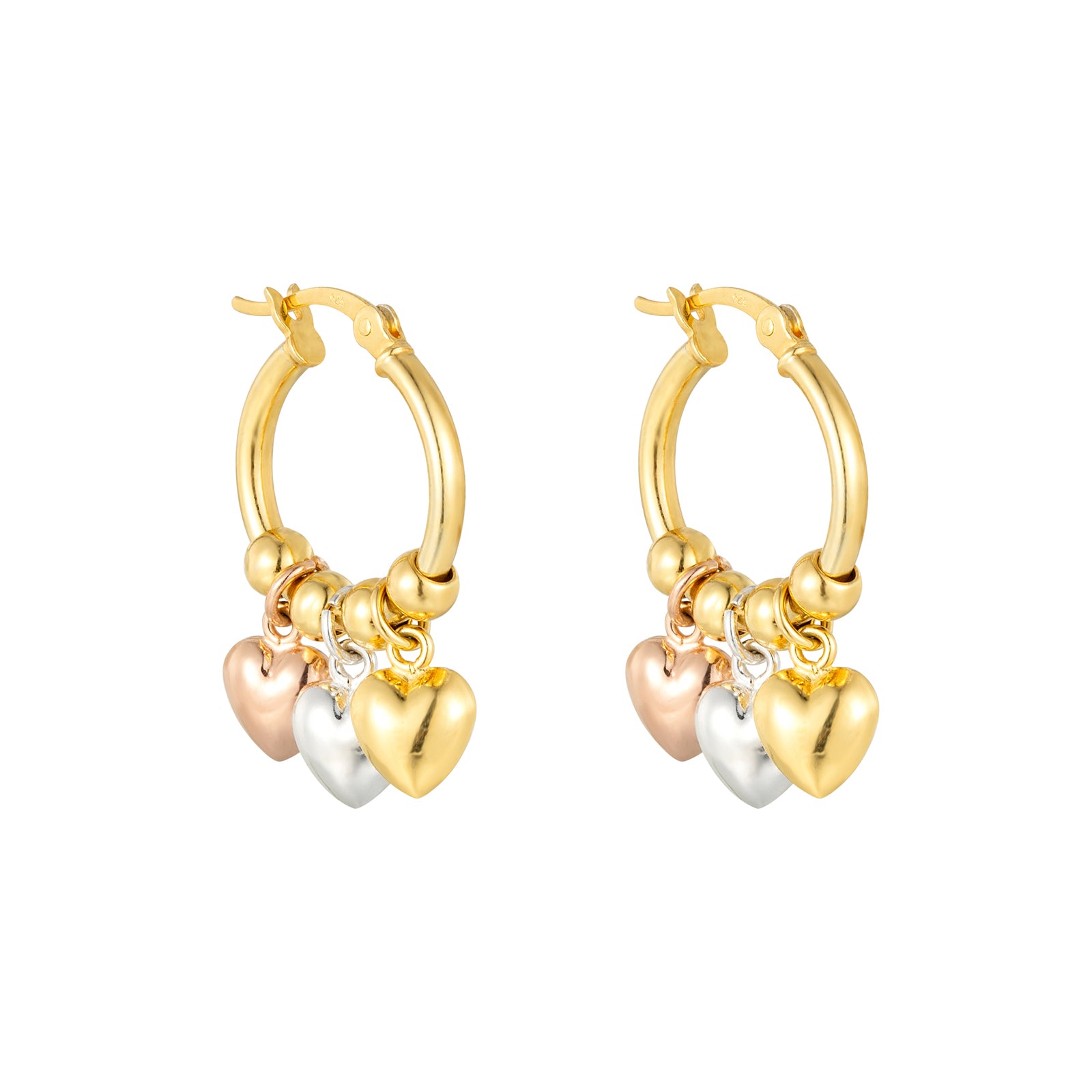Gold hoop earrings with heart-shaped charms on a white background - Seol Gold