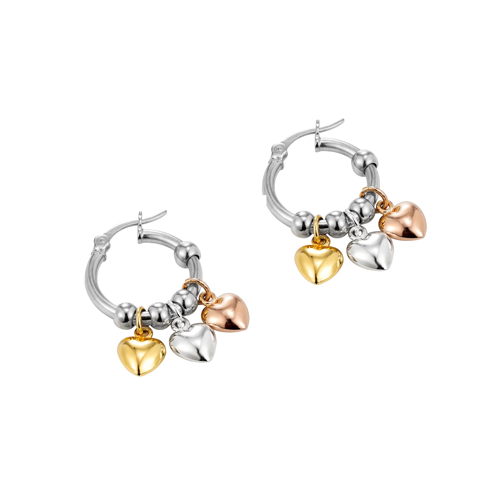 Pair of hoop earrings with heart-shaped charms on a white background - Seol Gold