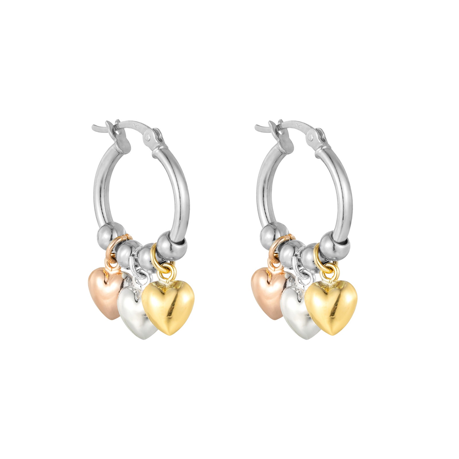 Sterling Silver Mixed Metal Puffy Heart Charm Hoops - Seol Gold