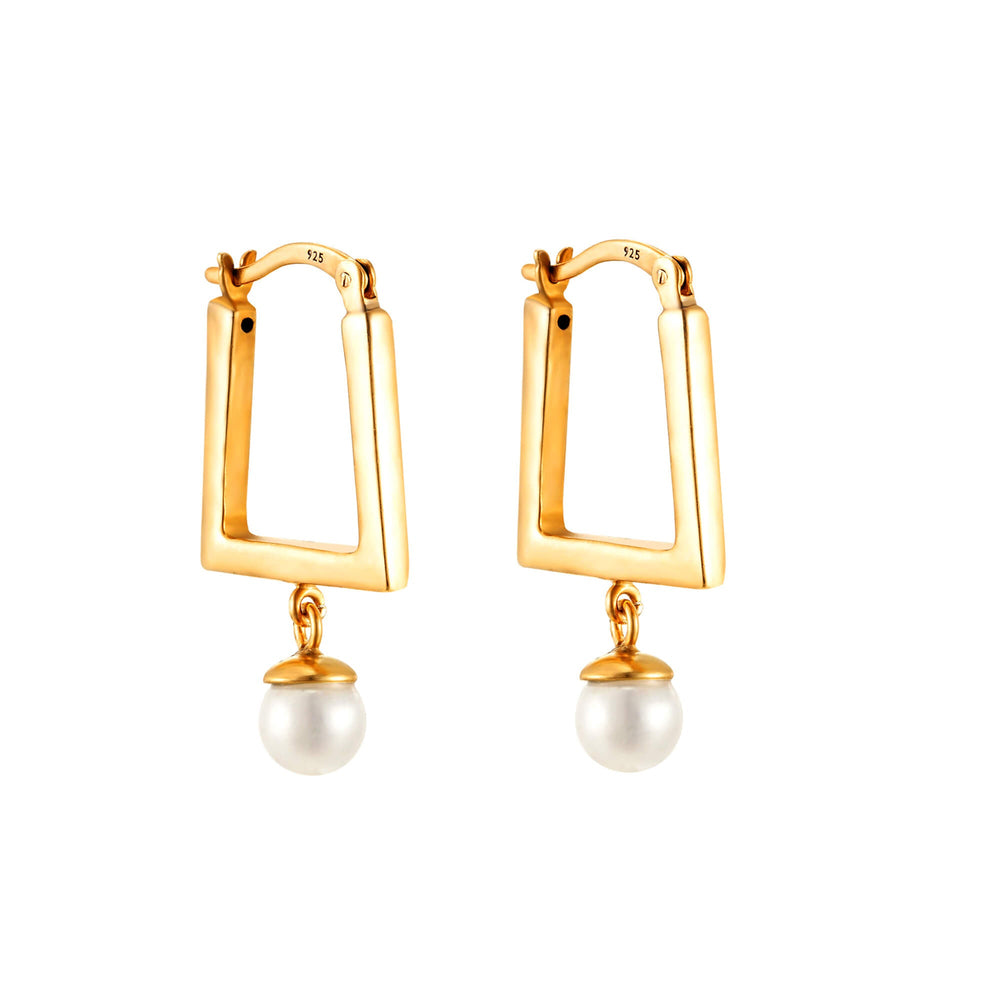 18ct Gold Vermeil Pearl Charm Square Hoops