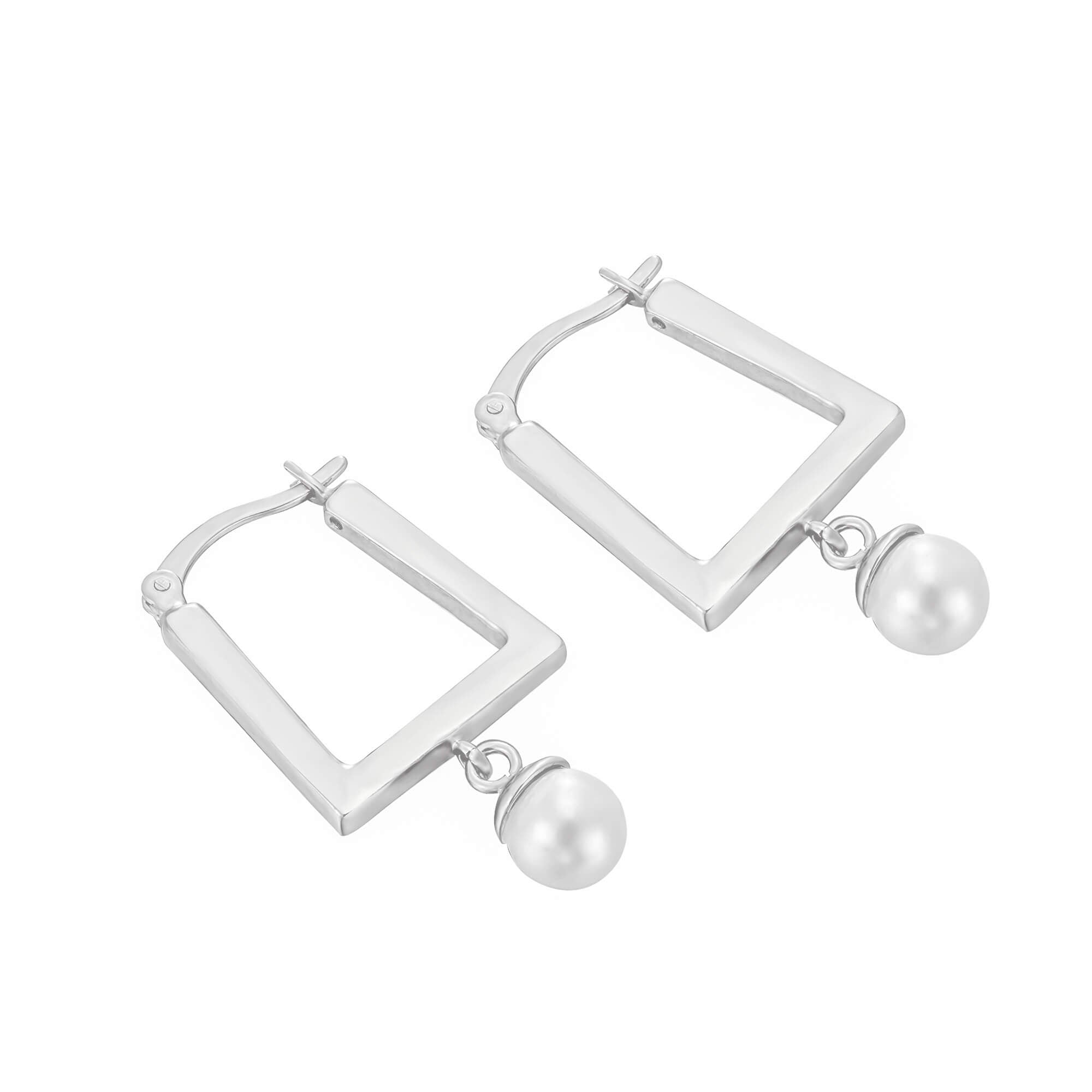 Sterling Silver Pearl Charm Square Hoops - seolgold