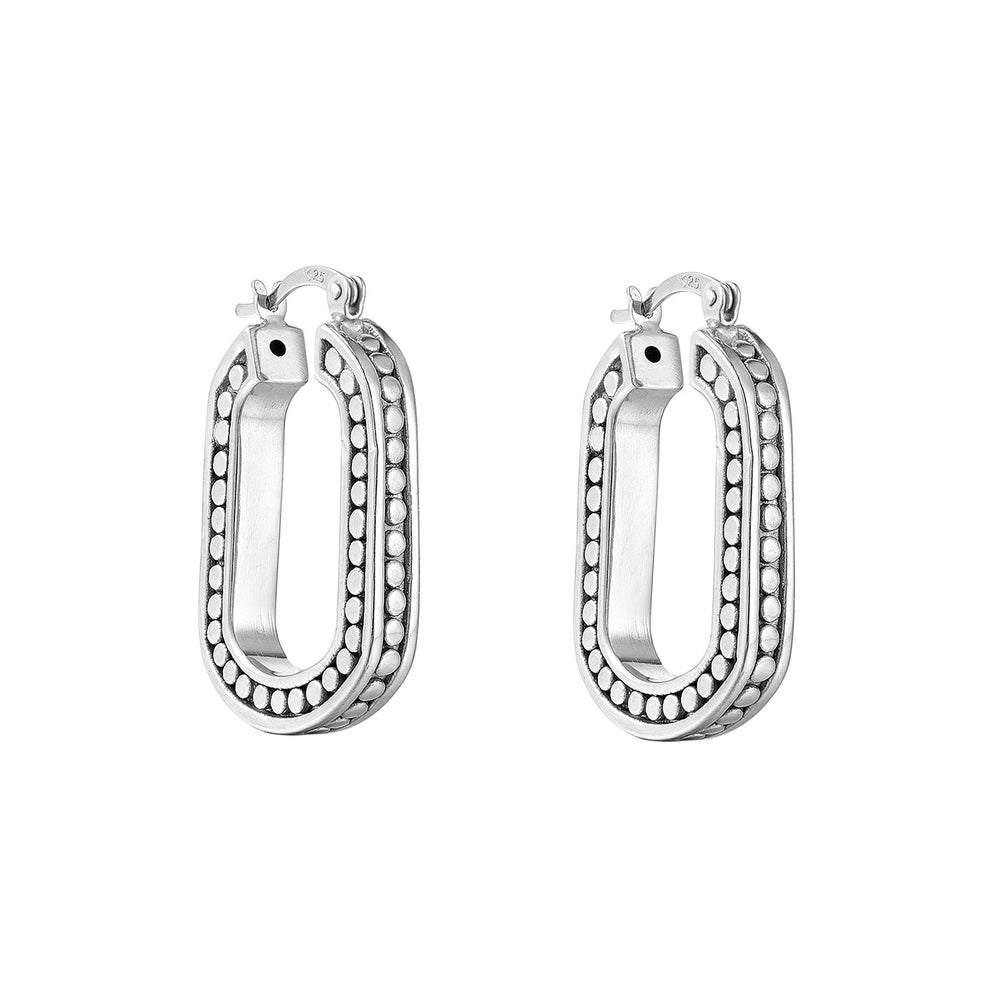 Sterling Silver Ovate Beaded Design Hoop Earrings
