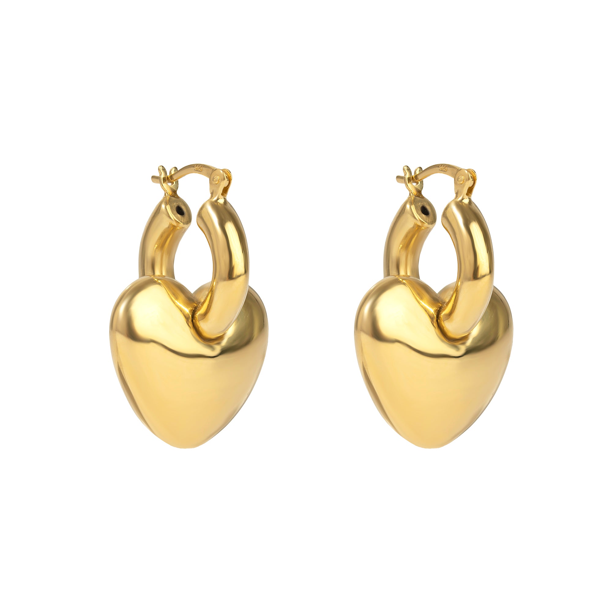 Gold heart-shaped hoop earrings on a white background - seolgold