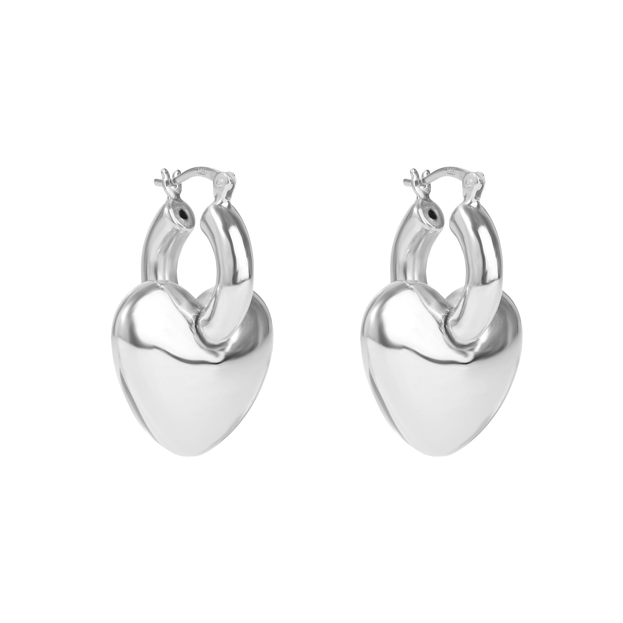 Pair of silver heart-shaped hoop earrings on a white background - seolgold