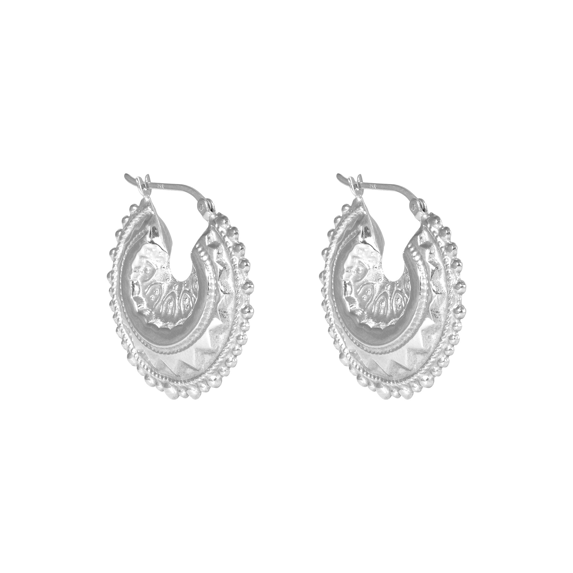 Pair of silver hoop earrings with intricate designs on a white background - seolgold