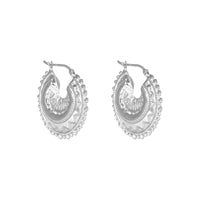 Pair of silver hoop earrings with intricate designs on a white background - seolgold