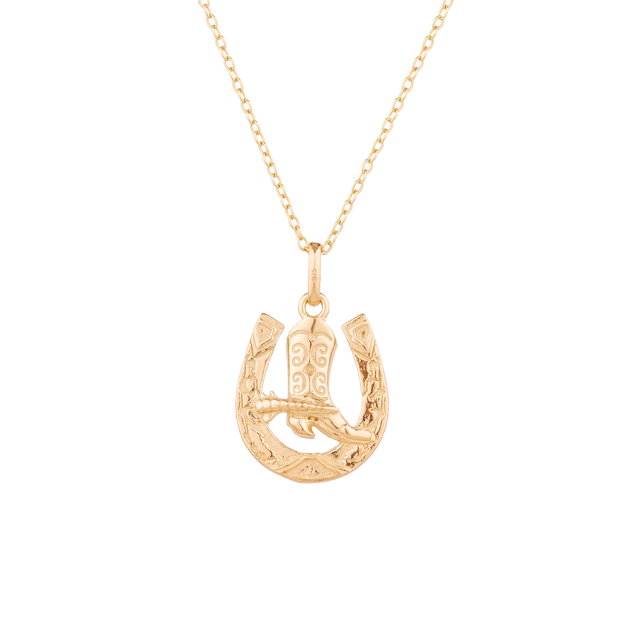 Gold horseshoe pendant with boot design on a gold chain against a white background - seolgold
