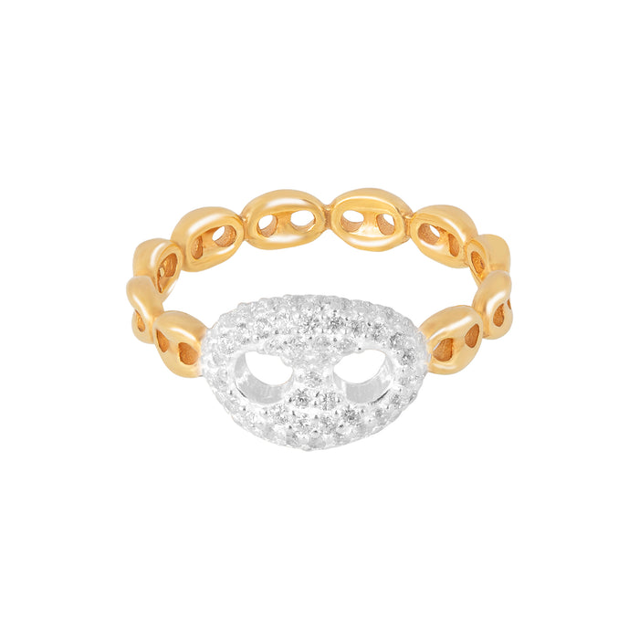 Gold and silver ring with a face-shaped center on a white background - Seol Gold