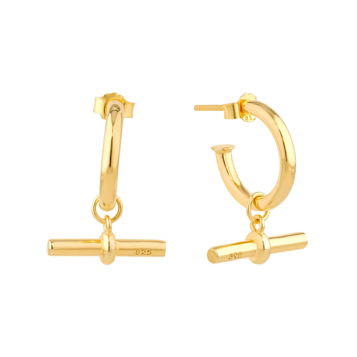 Gold hoop earrings with bar charms on a white background - seolgold