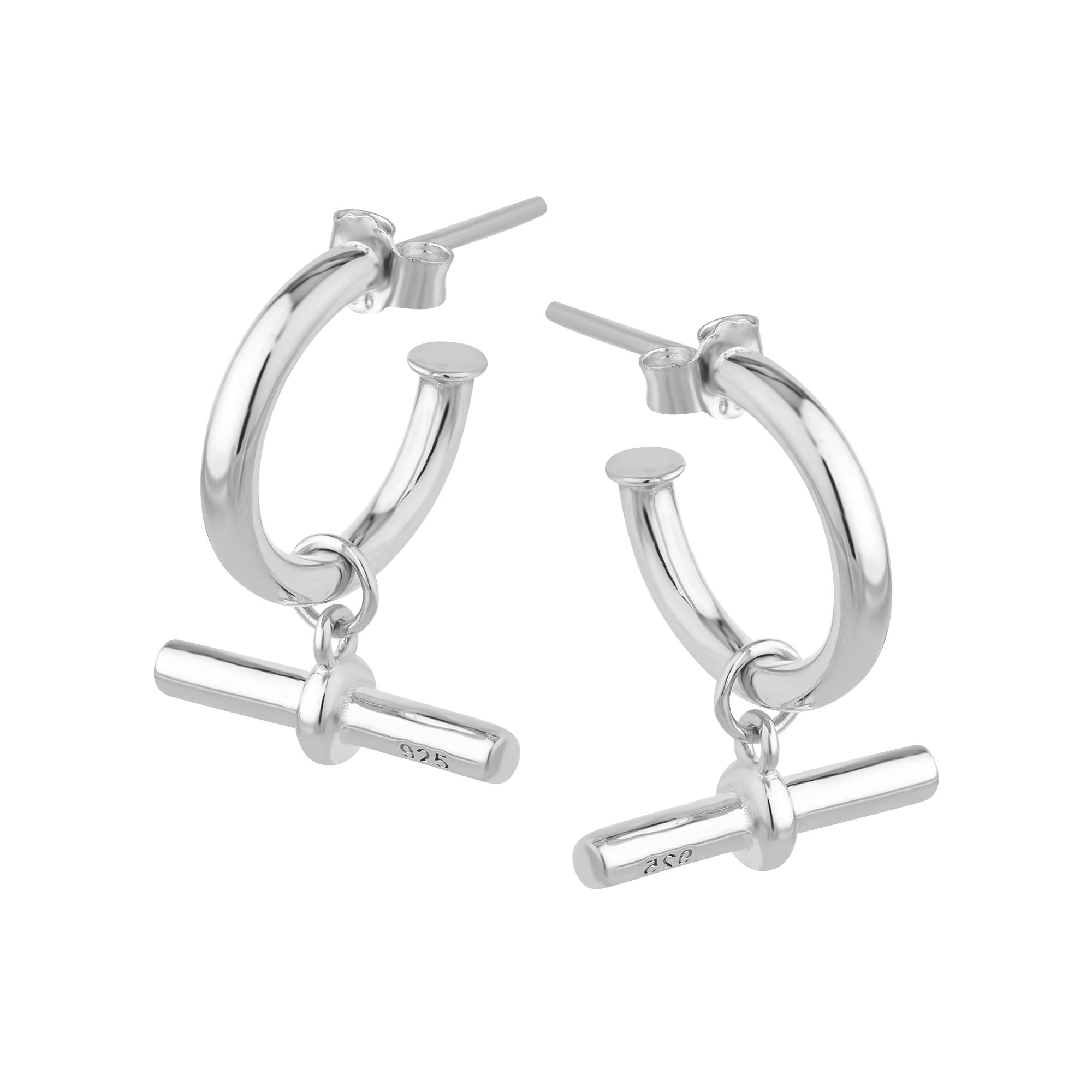 Silver hoop earrings with t-bar charms on a white background - seolgold