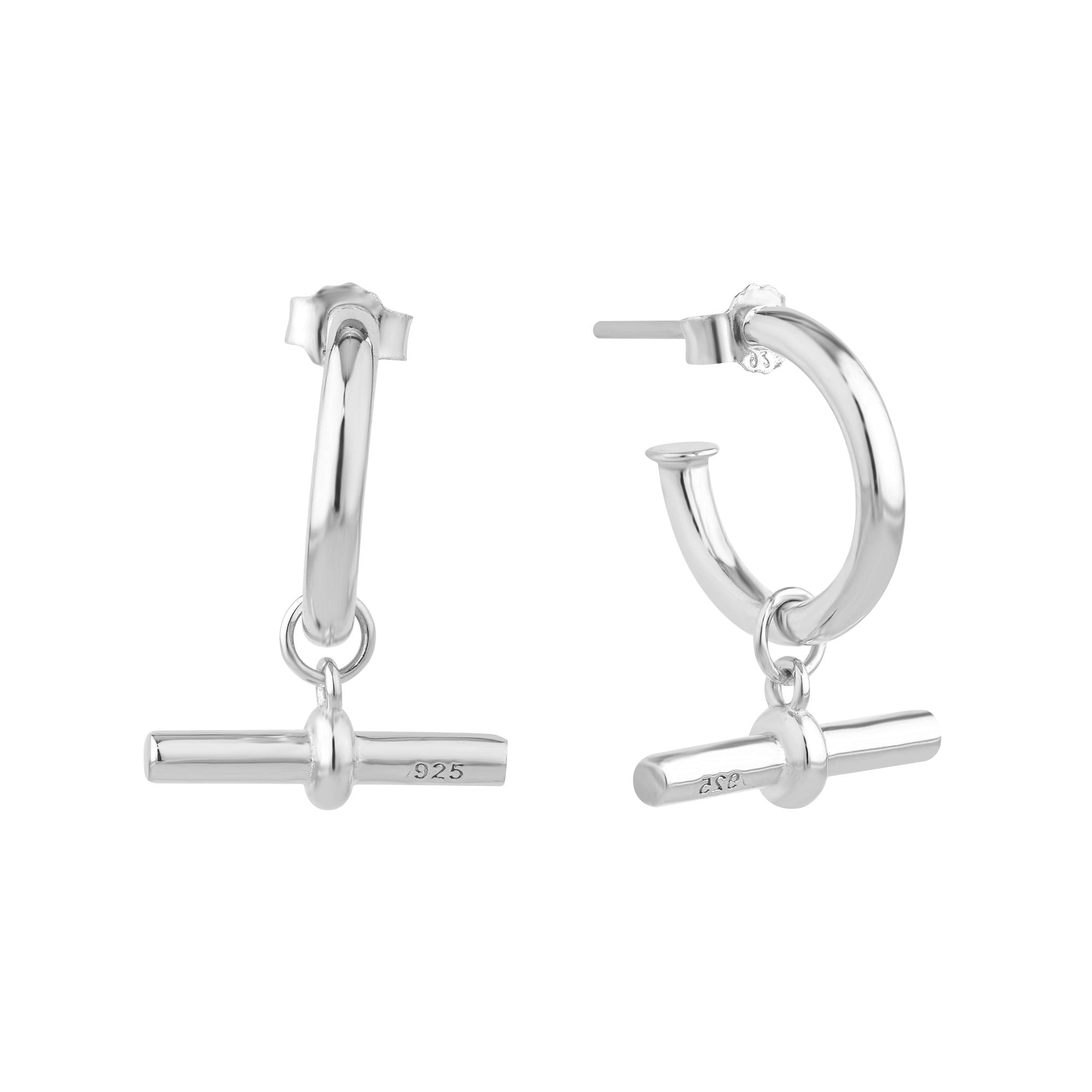 Silver hoop earrings with t-bar charms on a white background - seolgold